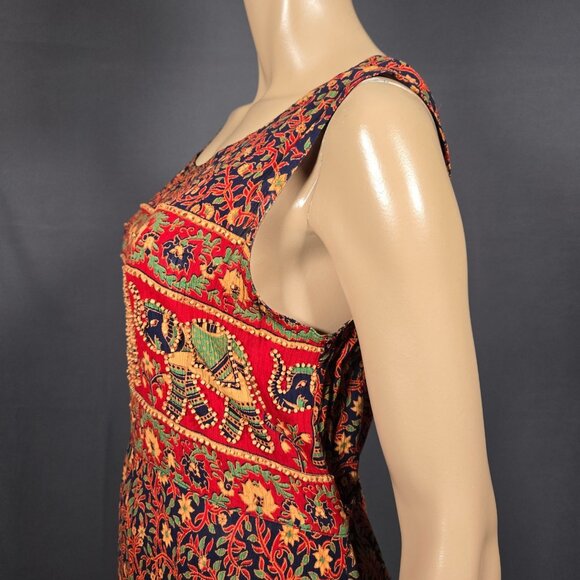 Vintage 90s Boho Maxi Granny Dress Size M Beaded Elephant Print Red Floral Rayon - Picture 7 of 11